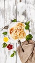 Vertical food banner. Delicious homemade pancakes. Light breakfast with raspberry jam and almond petals. Traditional sweet dessert Royalty Free Stock Photo