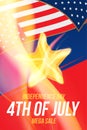 Vertical format Flyer Celebrate Happy 4th of July - Independence Day. Mega sale and hot discounts with a star and a realistic flam