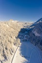 vertical format picture with a view of the pedestrian suspension bridge and hermitage on the ruin ehrenberg in winter