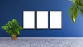 3 vertical frame mockup on a blue wall with green leaf plants 3d render ilustration. Royalty Free Stock Photo