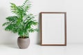 Vertical frame mockup with homw plant in pot, blank mockup for artwork Royalty Free Stock Photo