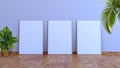 3 vertical frame mockup on a white gray wall with wooden floor 3d render ilustration Royalty Free Stock Photo