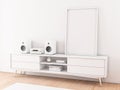 Vertical Frame poster Mockup standing on white tv console with hi fi audio system Royalty Free Stock Photo