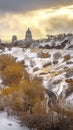 Vertical frame Roads on a snow covered mountain in winter overlooking downtown Salt Lake City Royalty Free Stock Photo