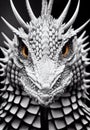 Vertical front closeup grayscale of a 3D rendering of a baby dragon,brown eyes, blurred background