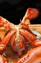 Vertical, front view, close up of a split, steamed lobster