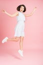 Vertical full length body size studio photo portrait of cute cool free fresh charming pretty attractive lady in light blue