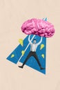 Vertical funny caricature photo collage of curious young man wear suit excited hold giant brain have plan idea light