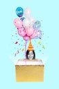 Vertical funny greeting card collage of young cheerful woman celebrating birthday open big gift box to look at present