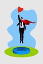 Vertical funny photo collage with male superhero volunteer fly hold red heart ask to donate help ukraine support