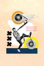 Vertical funny photo collage of miniature crazy guy pull big cassette tape tangled hilarious man have fun on creative