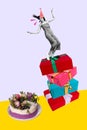 Vertical funny photo collage of miniature crazy woman black white gamma fall from stack of big gift boxes into birthday