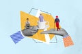 Vertical funny photo collage of two hands hold cup and three guys work online pause coffee break meeting miniature on