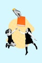 Vertical funny photo collage of two young school girls jump and try to catch a big book learn study isolated on pale