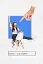 Vertical funny photo collage of young business woman sit on chair excited with raised hand ready to find new job on