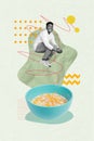 Vertical funny surreal photo collage food advertisement crazy miniature guy jump into bowl full of corn flakes with milk