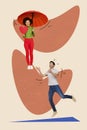 Vertical funny surreal photo collage of lovers couple guy catch girl hold umbrella and heart card smile unusual