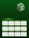 Vertical futuristic yearly calendar 2022 with blockchain cubes, week starts on Sunday.