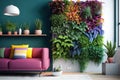 a vertical garden on a bright and airy wall, with pops of color
