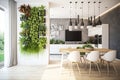 vertical garden with hanging planters, greenery and pebbles on the wall in modern apartment