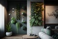 vertical garden with hanging planters, greenery and pebbles on the wall in modern apartment