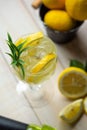 Vertical of a glass of lemon juice with ice cubes served next to lemons and a juice squeezer Royalty Free Stock Photo