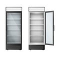 Vertical glass refrigerators showcase for drinks beverage. Fridges with glass doors open or closed