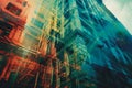 A vertical glitch effect adds a dynamic twist to an abstract building rendered in art deco style, Generated AI