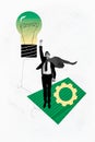 Vertical graphics collage image of determined office worker male superhero promote new idea concept light bulb take off