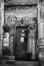 Vertical gray scale of the "Le braconnier de Dieu" entrance in Carnac, France