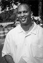 Vertical grayscale closeup of US Congressman Hakeem Sekou Jeffries in Brooklyn.