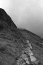 Vertical grayscale of a foggy pathway on the hillside Royalty Free Stock Photo