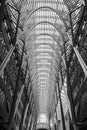 Vertical grayscale low angle shot of the inside of the famous Brookfield Place in Toronto, Canada Royalty Free Stock Photo