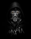 Vertical grayscale of a personified lion wearing a hoodie on a dark background