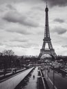 Vertical grayscale shot of the Eiffel Tower