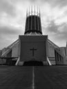 Vertical grayscale shot of the historic Liverpool Metropolitan Cathedral in the UK