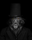 Vertical grayscale shot of the lion with a human body in a dark coat against the black background.