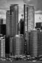 Vertical grayscale shot of modern downtown buildings in Toronto, Canada