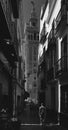 Vertical grayscale shot of a narrow alley through modern city buildings