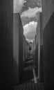 Vertical grayscale shot of a narrow alley under cloudy sky