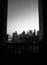 Vertical grayscale shot of the NYC skyline at night