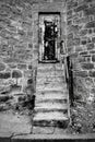 Vertical grayscale shot of an old building door with stairs