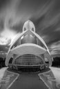 Vertical grayscale shot of the Reina Sofia Palace of the Arts in Valencia Royalty Free Stock Photo