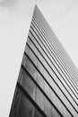 Vertical grayscale shot of a righ-rise modern glass-made office building sharp corner
