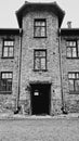 Vertical grayscale view of cell block 24 at Auschwitz concentration camp in Oswiecim, Poland