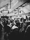 Vertical grayscale view of the crowded metro station of La Courneuve Royalty Free Stock Photo