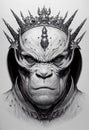 Vertical grayscale view of a crowned Orc - The portrait of a fictional humanoid monster king