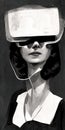 Vertical grayscale of a vintage woman in 1960s style wearing a VR headset