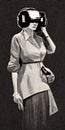 Vertical grayscale of a vintage woman in 1960s style wearing a VR headset