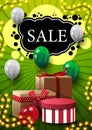 Vertical green discount banner with ballons, garland and gifts
